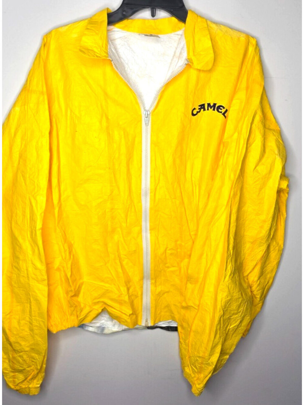 VTG 1992 JOE CAMEL Cigarettes Promo Yellow Paper Windbreaker DuPont Size XL Used - Picture 2 of 8